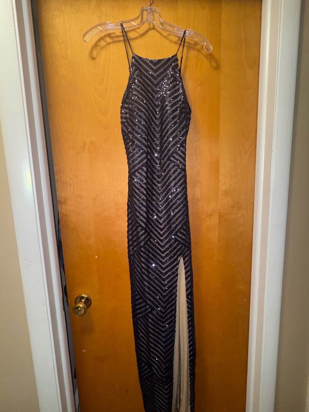 Teeze Me Black Sequin Halter Prom Gown with High Slit